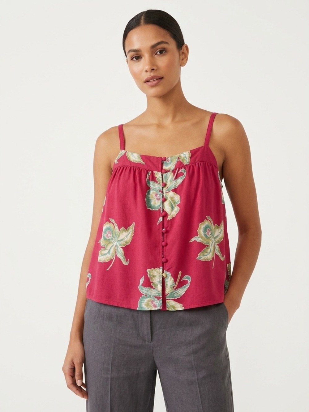 Faherty Marina Seersucker Top Button Front Floral Organic Cotton Pink L